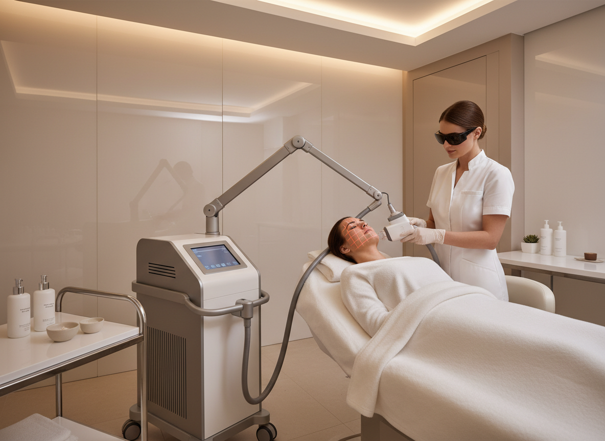 A high-end, realistic editorial photograph for a luxury medical aesthetics clinic showing a modern fractional CO2 laser treatment setup: a sleek professional CO2 laser device being used in a clean, elegant clinical room, soft neutral beige and white palette, refined spa-like lighting, no visible patient face, no text, no logos, premium healthcare photography.