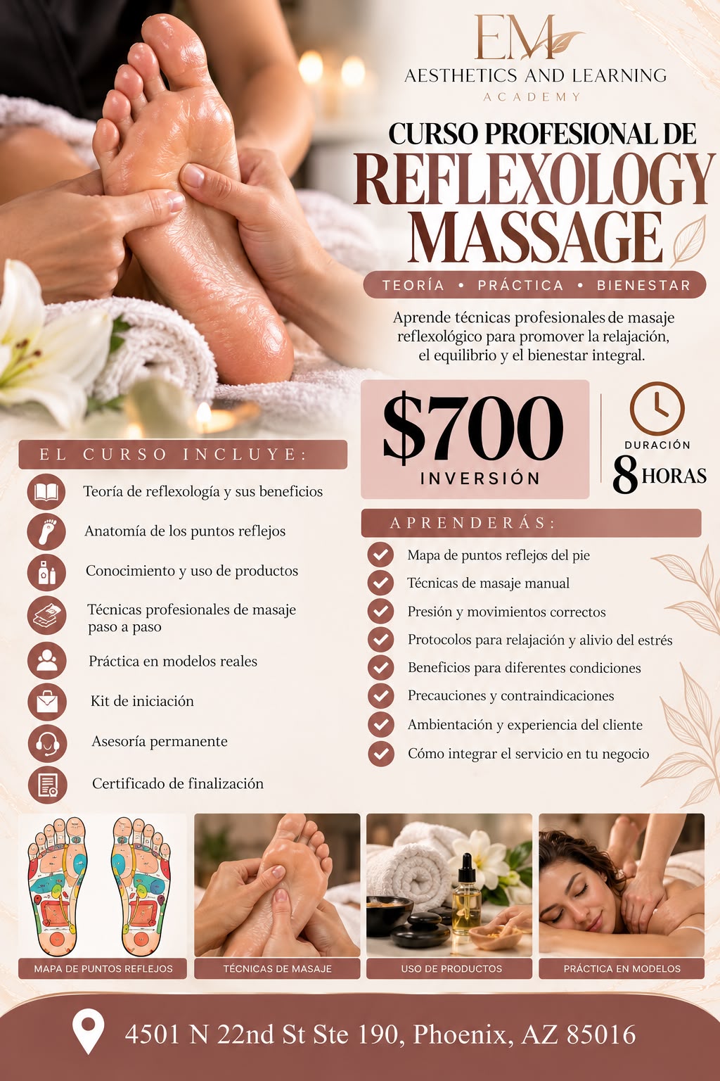 Professional Reflexology Massage Course flyer showing reflexology mapping and massage techniques for relaxation and wellness