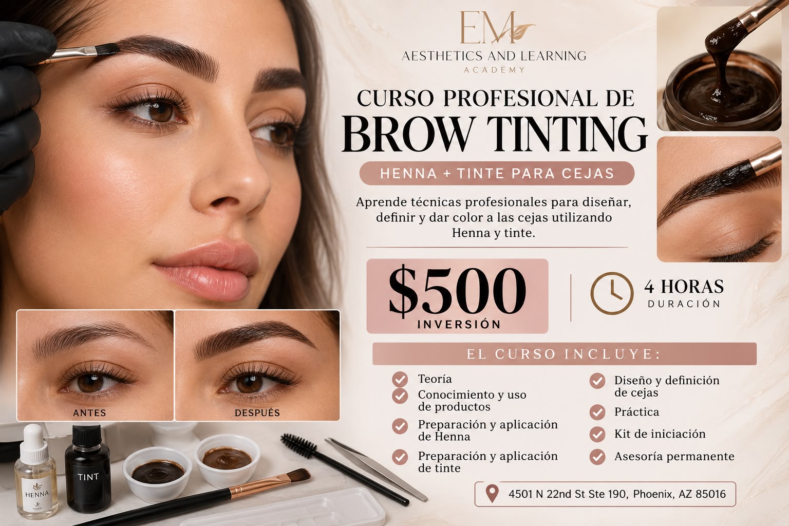 Professional Brow Tinting Course flyer showing henna and tint techniques for brows