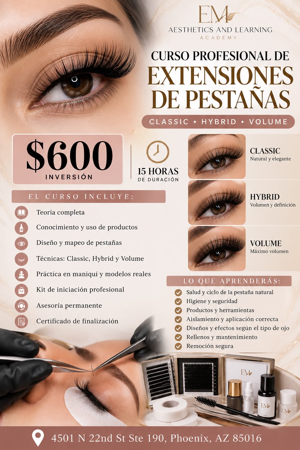 Professional Eyelash Extensions Course flyer showing Classic, Hybrid, and Volume lash techniques
