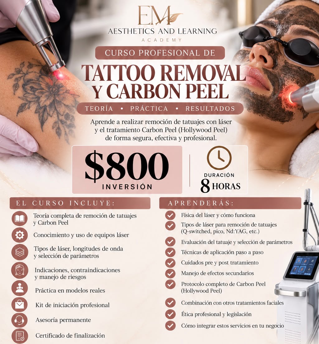 Professional Tattoo Removal and Carbon Peel Course flyer showing laser tattoo removal and Hollywood Peel techniques