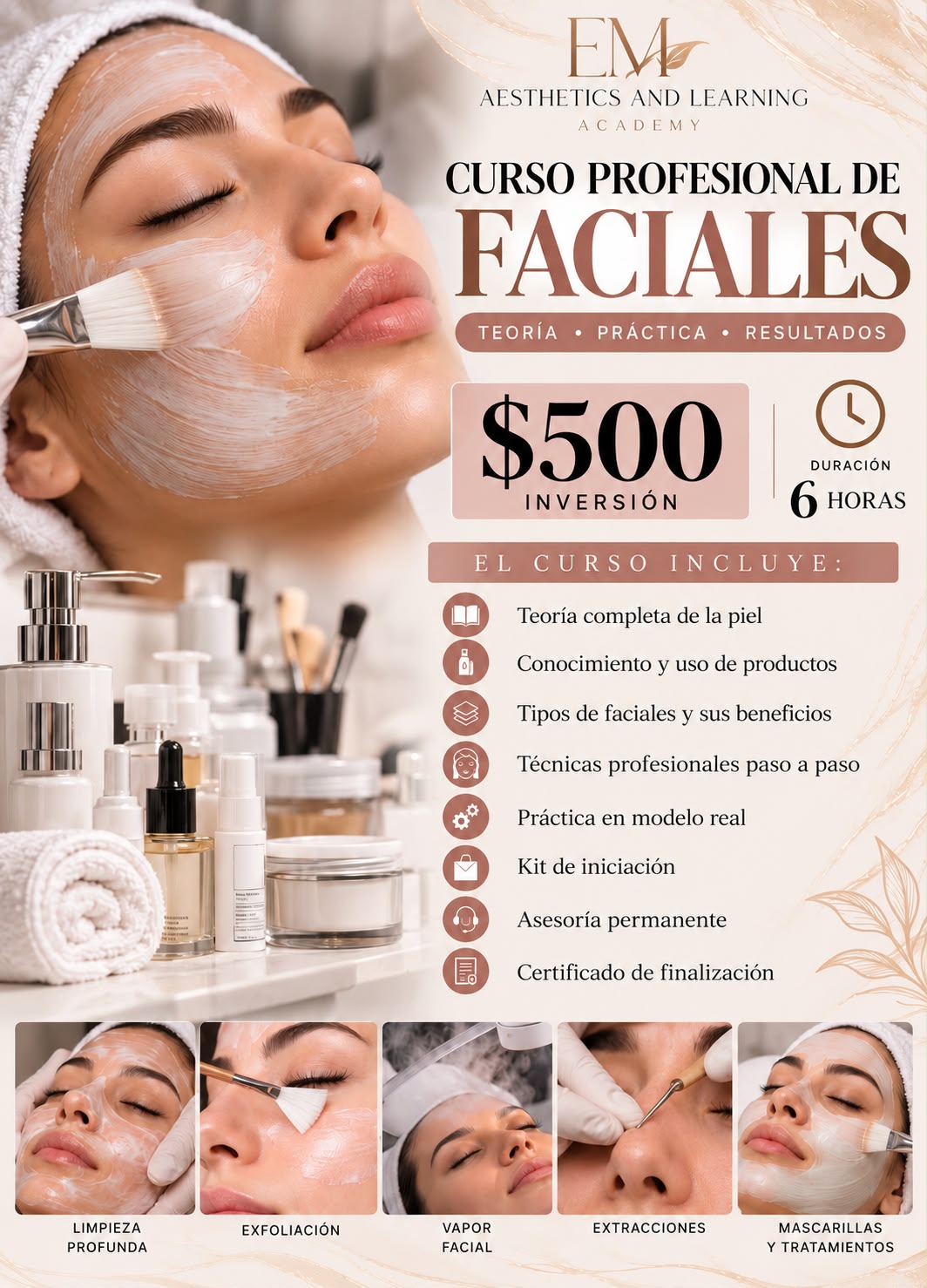 Professional Facial Course flyer showing skin care techniques, facials, and treatment protocols
