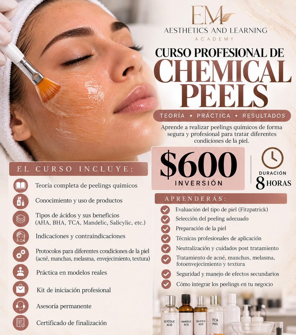 Professional Chemical Peels Course flyer showing chemical peel techniques with AHA, BHA, TCA, Mandelic, and Salicylic acids