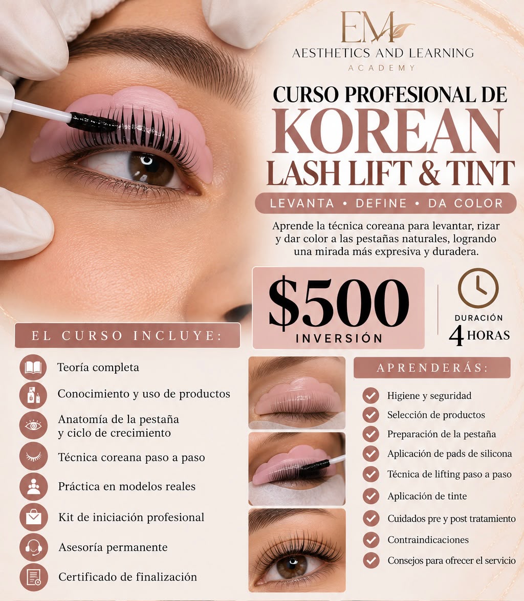Professional Korean Lash Lift & Tint Course flyer showing lash lifting and tinting technique