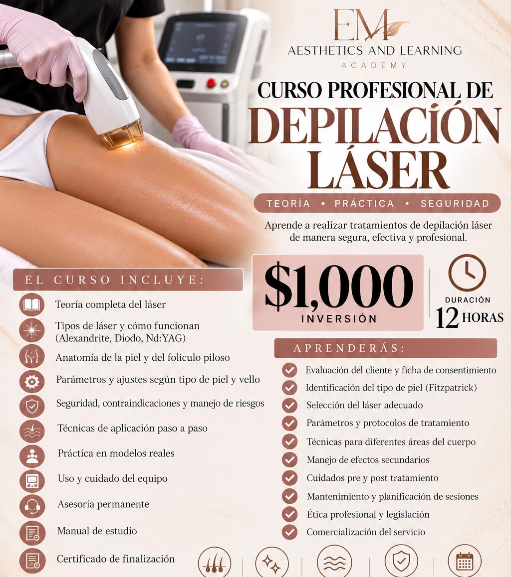 Professional Laser Hair Removal Course flyer showing laser hair removal treatment with Alexandrite, Diode, and Nd:YAG laser techniques