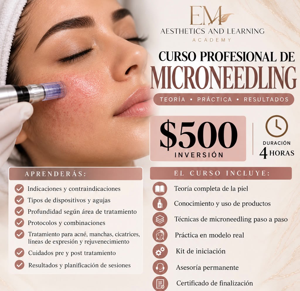 Professional Microneedling Course flyer showing microneedling technique for skin rejuvenation, pigmentation, and scar treatment